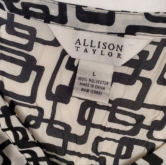 Allison Taylor Ruffle Blouse Women Black White Geometric Print V-Neck Career Off - Picture 2 of 9